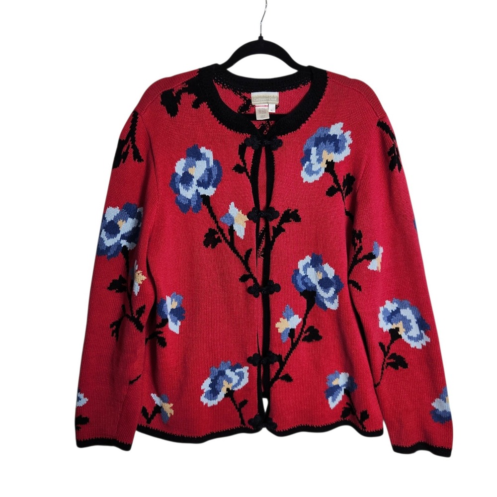 Coldwater Creek Red Floral Frog Closure Cardigan Sweater XL Ramie Cotton
